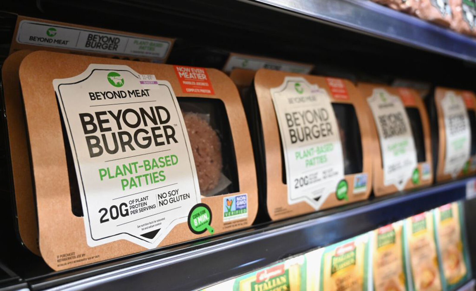 Beyond Meat and Beyond Burger patties made from plant-based substitutes for meat products sit on a shelf for sale on November 15, 2019 in New York City.